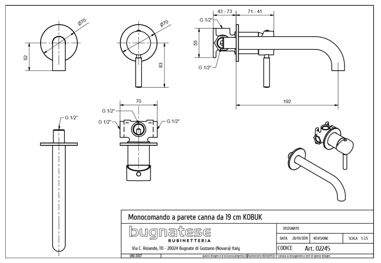 Bugnatese KOBUK Fal alatti mosdócsaptelep 19 cm-es kifolyóval