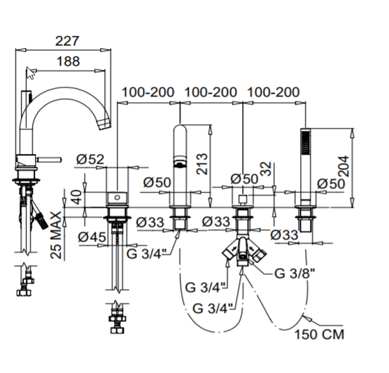 Bugnatese KOBUK Peremre szerelt 4 üléses kádcsaptelep