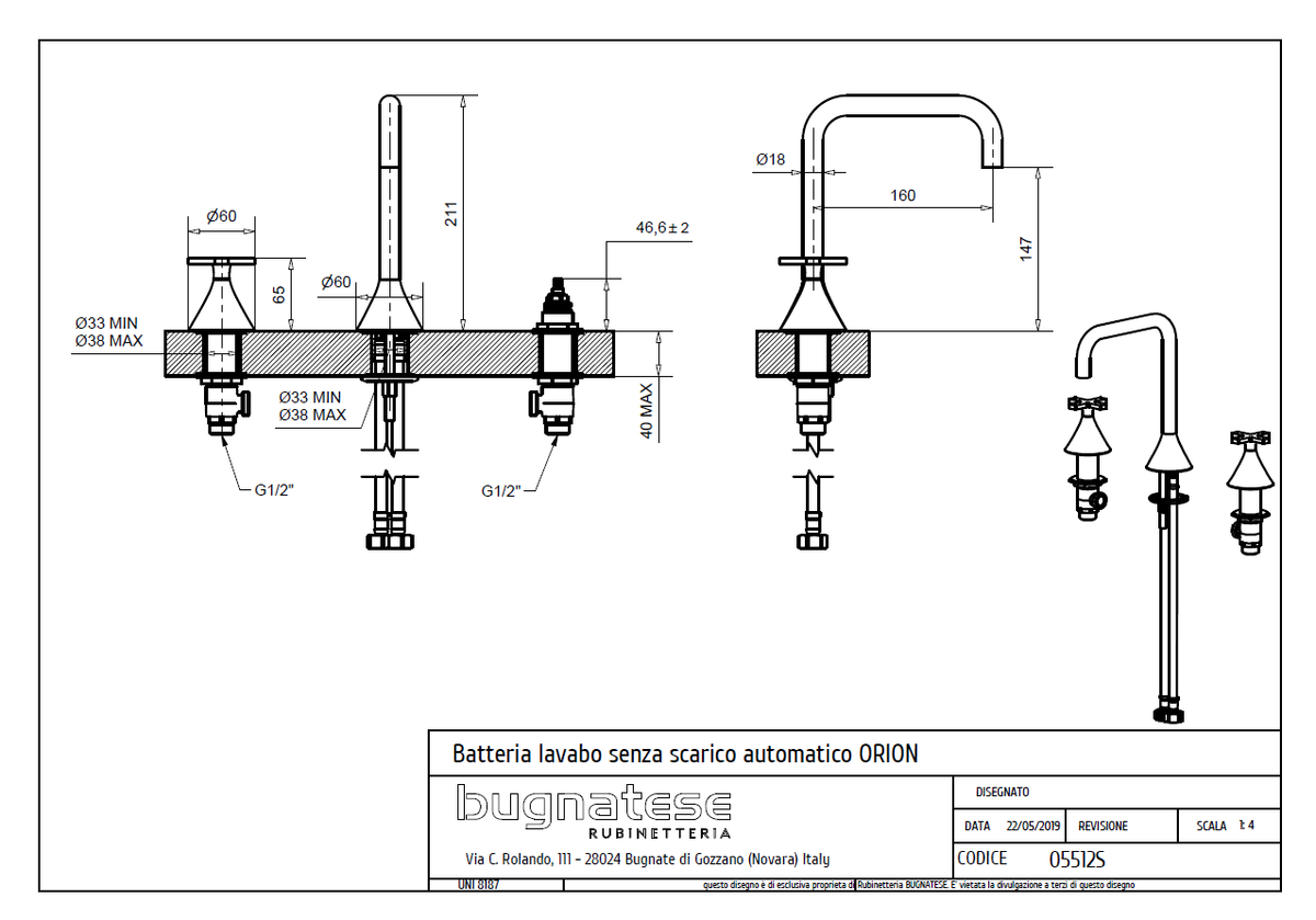 Bugnatese ORION 3 üléses mosdó csaptelep leeresztő nélkül