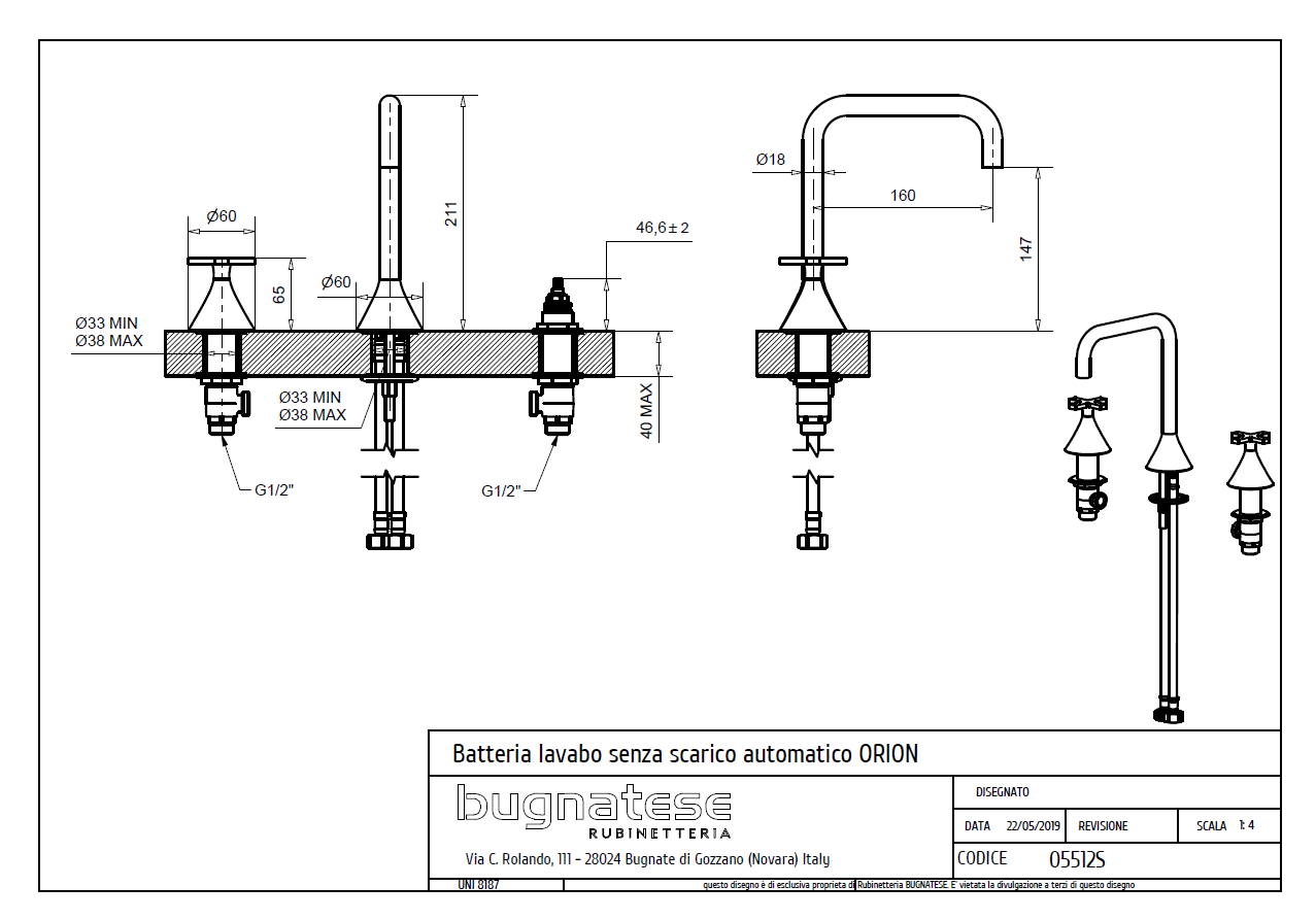 Bugnatese ORION 3 üléses mosdó csaptelep leeresztő nélkül