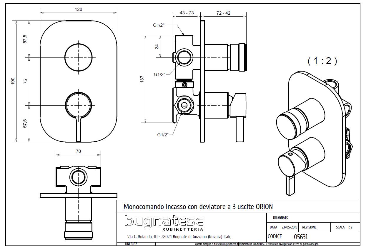 Bugnatese ORION Fal alatti 3 állású zuhanyváltó