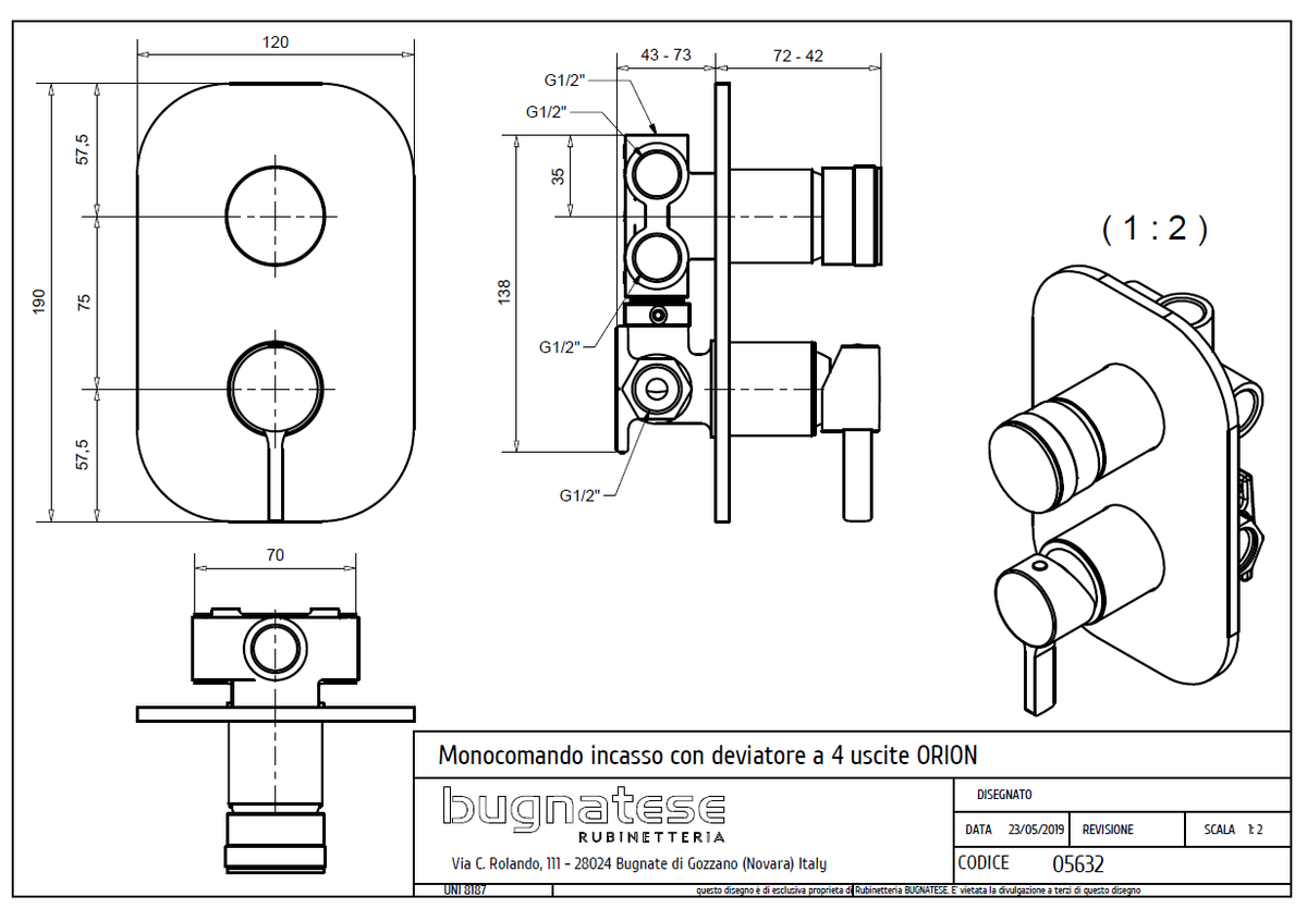 Bugnatese ORION Fal alatti 4 állású zuhanyváltó