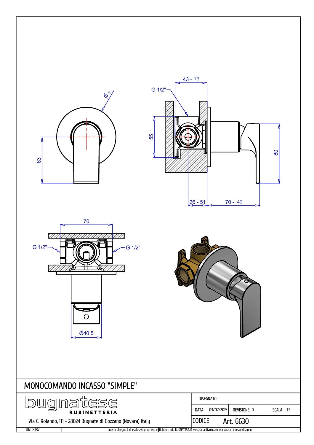 Bugnatese SIMPLE Fal alatti zuhanycsaptelep