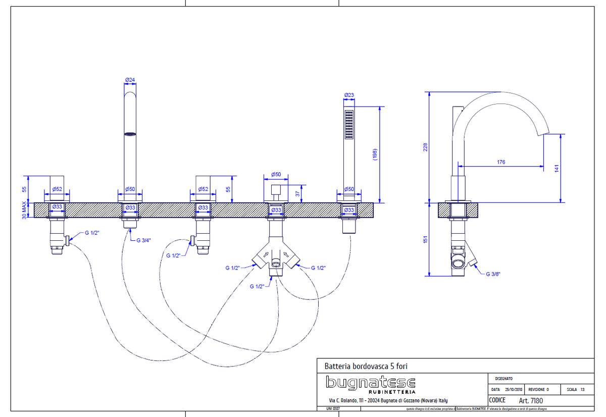 Bugnatese MOON Peremre szerelt 5 üléses kádcsaptelep