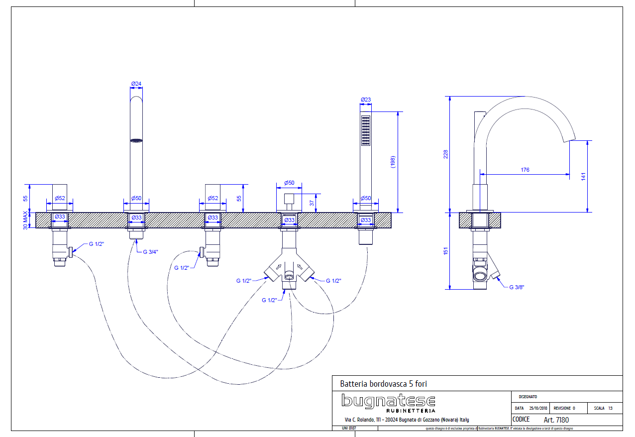 Bugnatese MOON Peremre szerelt 5 üléses kádcsaptelep