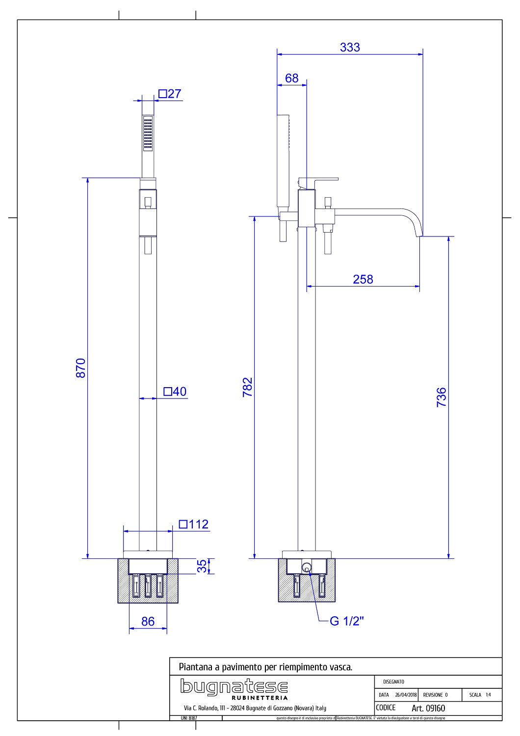 Bugnatese TETRIS Szabadonálló kádcsaptelep kézizuhannyal